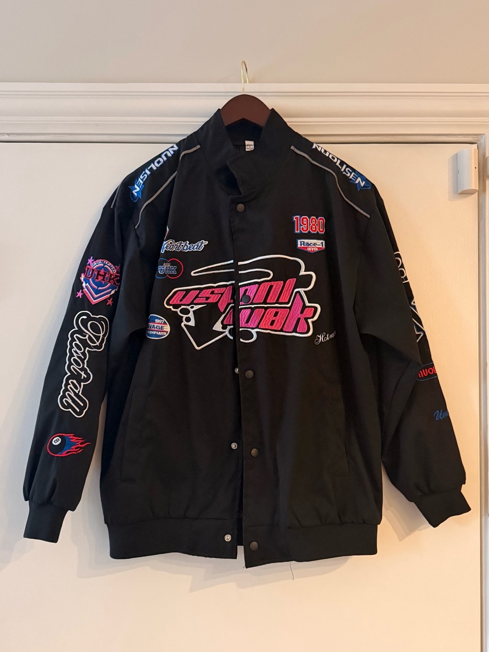 Black Embroidered Racing Bomber Jacket with Pink Accents
